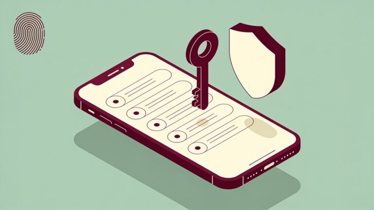 Flat illustration of a smartphone with an abstract list on screen, a key, a shield and a fingerprint shape