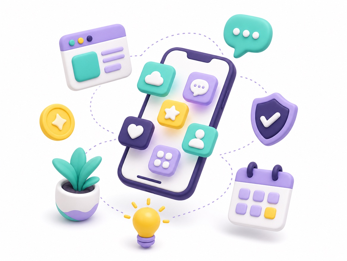 Smartphone surrounded by app icons, a chat bubble, a security shield, a calendar and a lightbulb