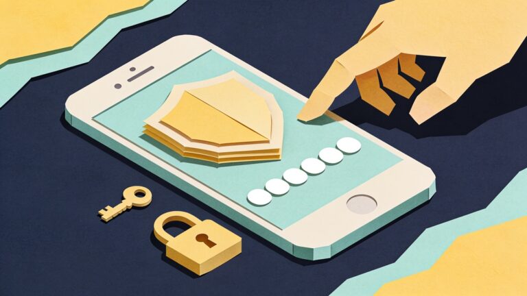 Paper cutout illustration of a phone with a shield, a key and a padlock representing two-factor sign-in