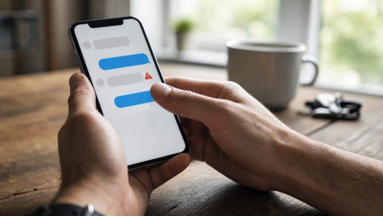 Hands holding a smartphone with blank chat bubbles and a red warning shape, thumb hesitating above the screen