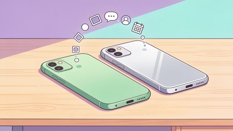 Illustration of two smartphones side by side with photo, chat and contact icons flowing from one to the other