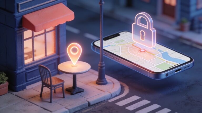 Isometric illustration of a cafe table with a location pin and a smartphone with a padlock on a floating map